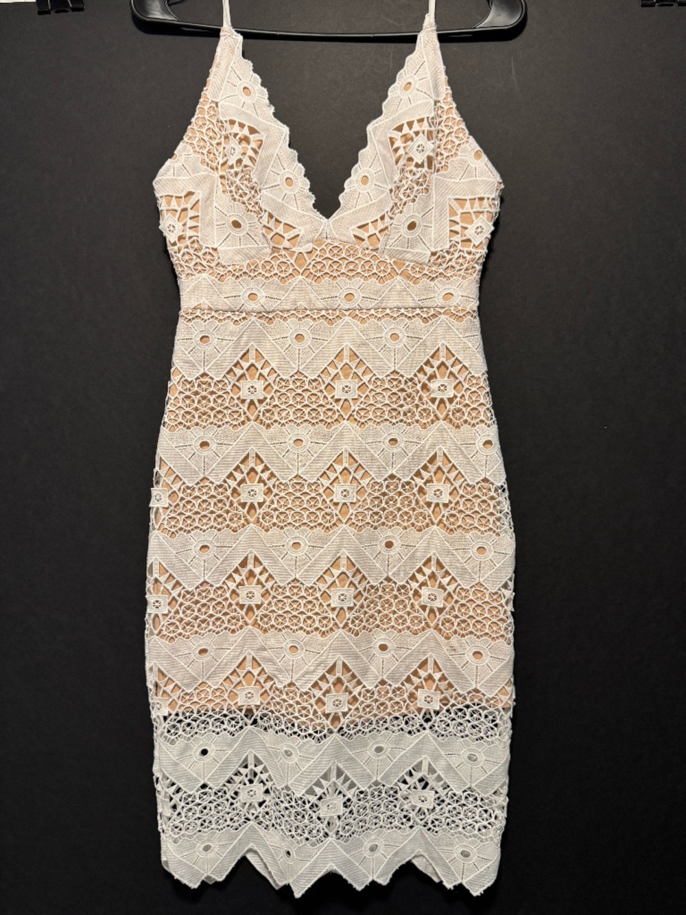Ark & Co Ivory Lace Bodycon Midi Dress Boho Crochet Overlay Nude Lined Size S